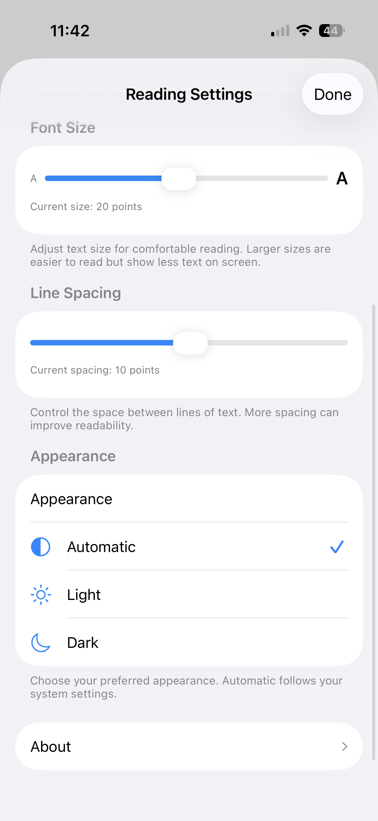Appearance settings with light, dark, and automatic themes